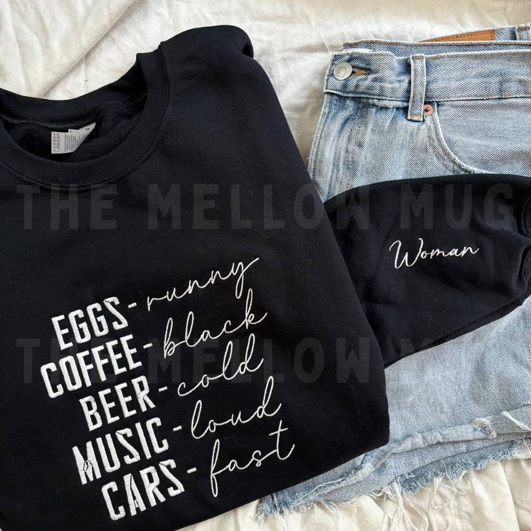 'Eggs, runny. Coffee, black.' Embroidered Sweatshirt (Kate Stewart's LICENSED Ravenhood® Collection)