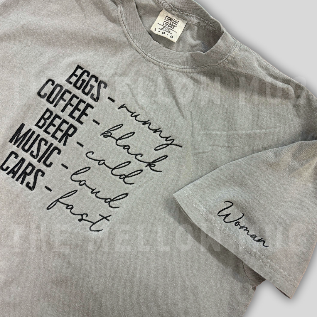 'Eggs, runny. Coffee, black.' Embroidered T-Shirt (Kate Stewart's LICENSED Ravenhood® Collection)