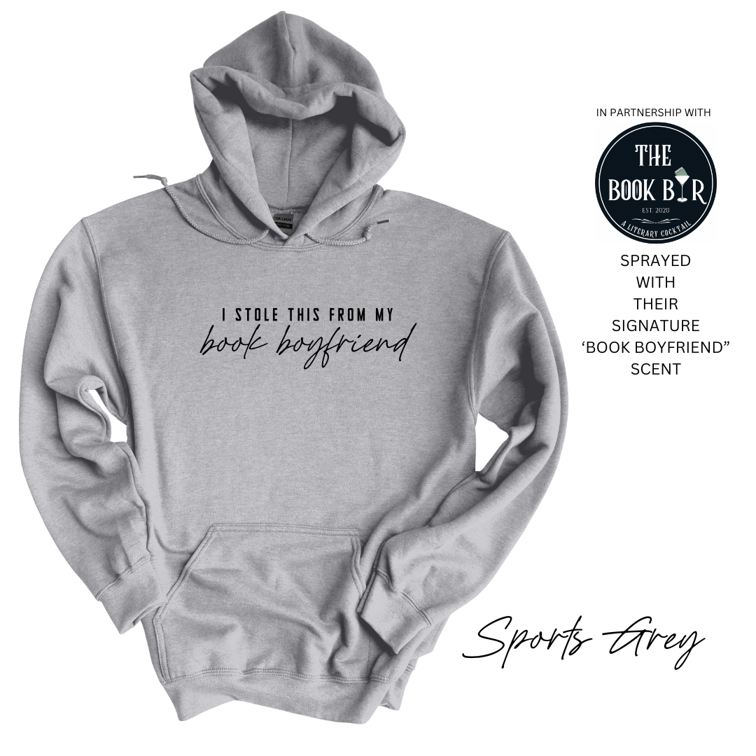 'I stole this from my book boyfriend' Embroidered Hoodie (The Mellow Mug x The Book Bar Apothecary)