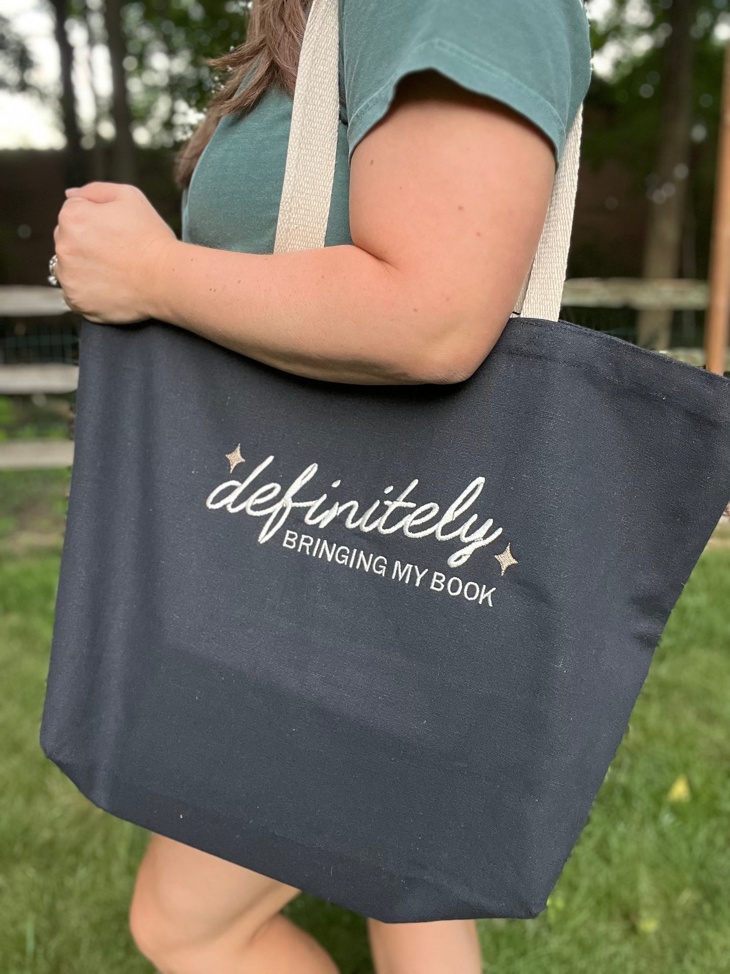 Definitely Bringing My Book. Embroidered Tote Bag