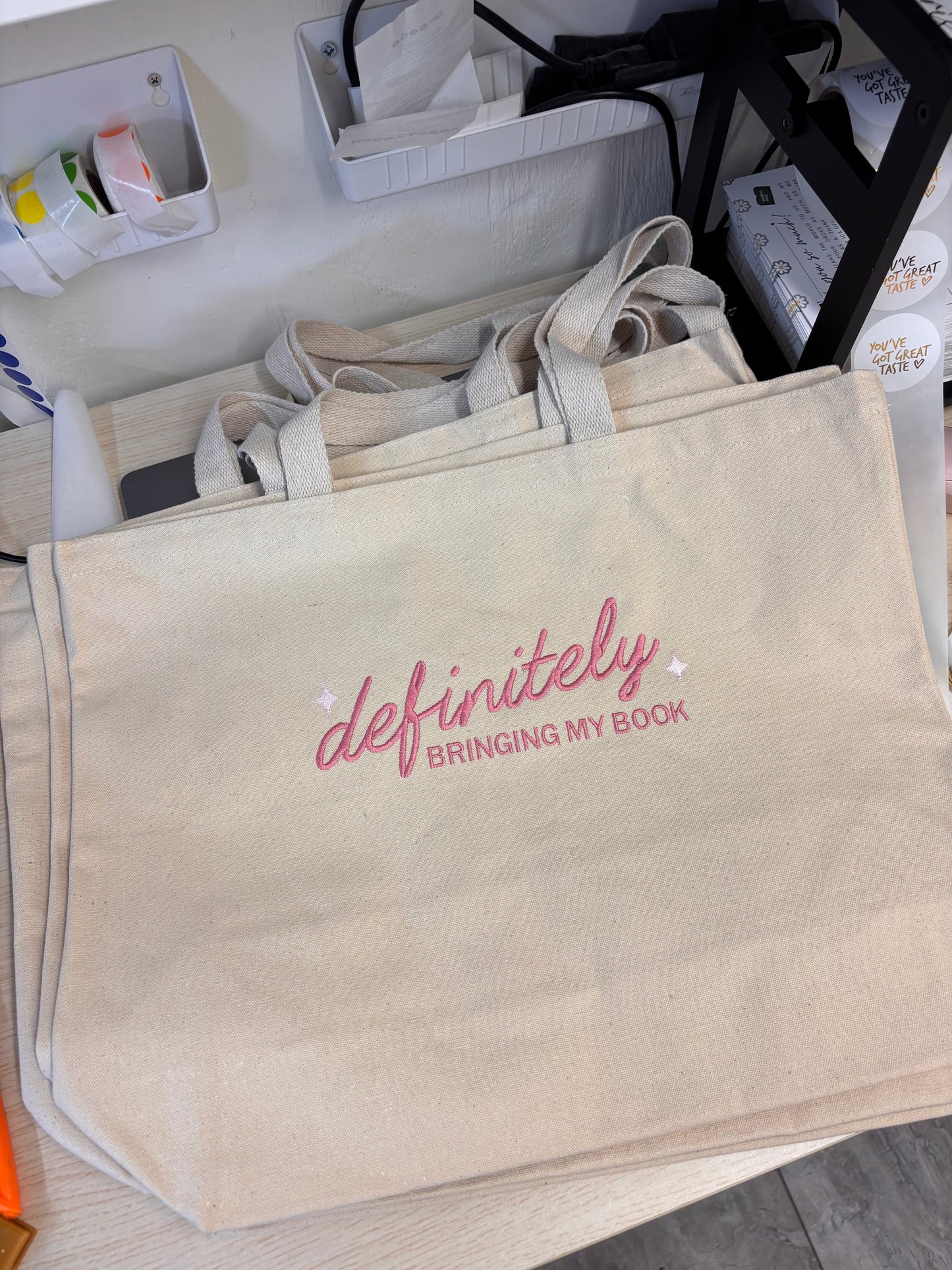 Definitely Bringing My Book. Embroidered Tote Bag