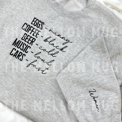 'Eggs, runny. Coffee, black.' Embroidered Sweatshirt (Kate Stewart's LICENSED Ravenhood® Collection)