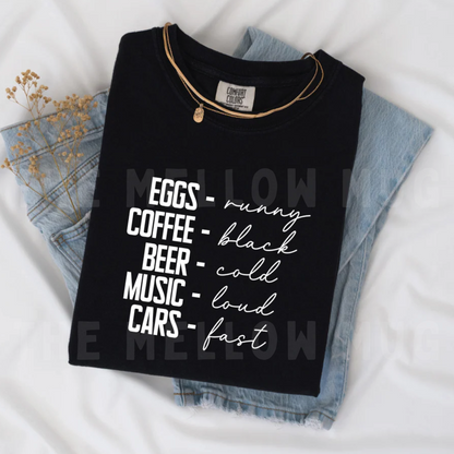 'Eggs, runny. Coffee, black.' Embroidered T-Shirt (Kate Stewart's LICENSED Ravenhood® Collection)
