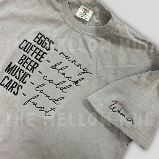 'Eggs, runny. Coffee, black.' Embroidered T-Shirt (Kate Stewart's LICENSED Ravenhood® Collection)
