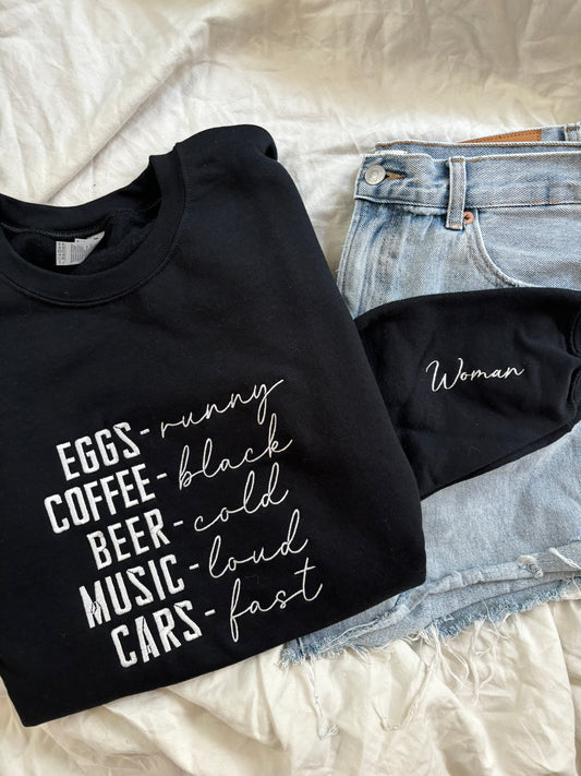 'Eggs, runny. Coffee, black.' Embroidered Sweatshirt (Kate Stewart's LICENSED Ravenhood® Collection)