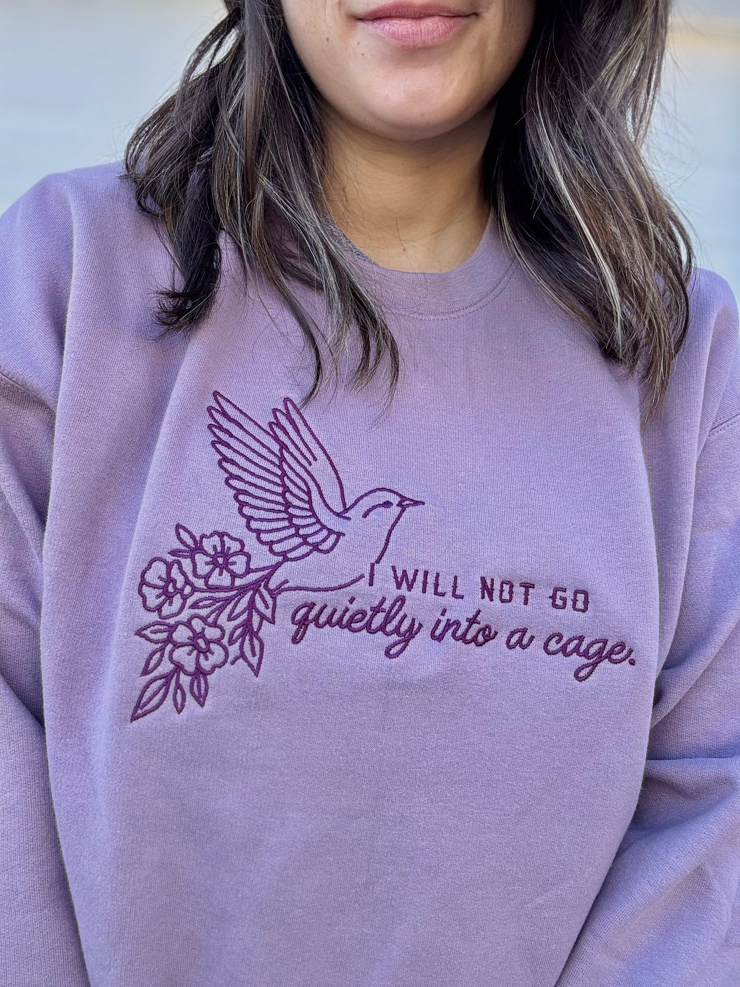 'I Will Not Go Quietly Into a Cage" Embroidered Design - Multiple Options (LICENSED Shield of Sparrows Collection)