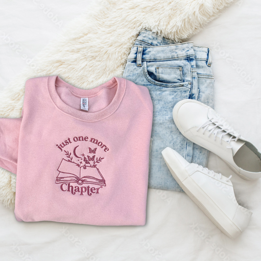 'Just One More Chapter' Sweatshirt (Embroidered) - Monochromatic Pink